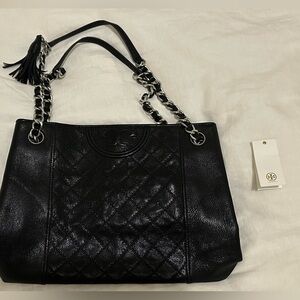 Tory Burch Black Quilted Leather Tote Bag with Silver Hardware